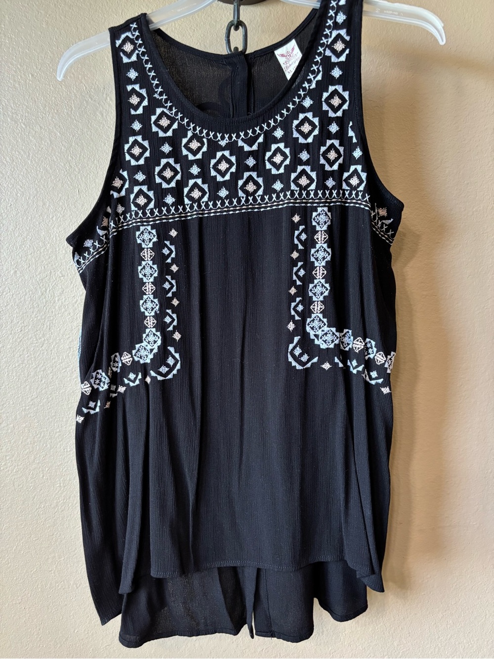 Faded Glory Black Tank Top with White Geometric Embroidery
